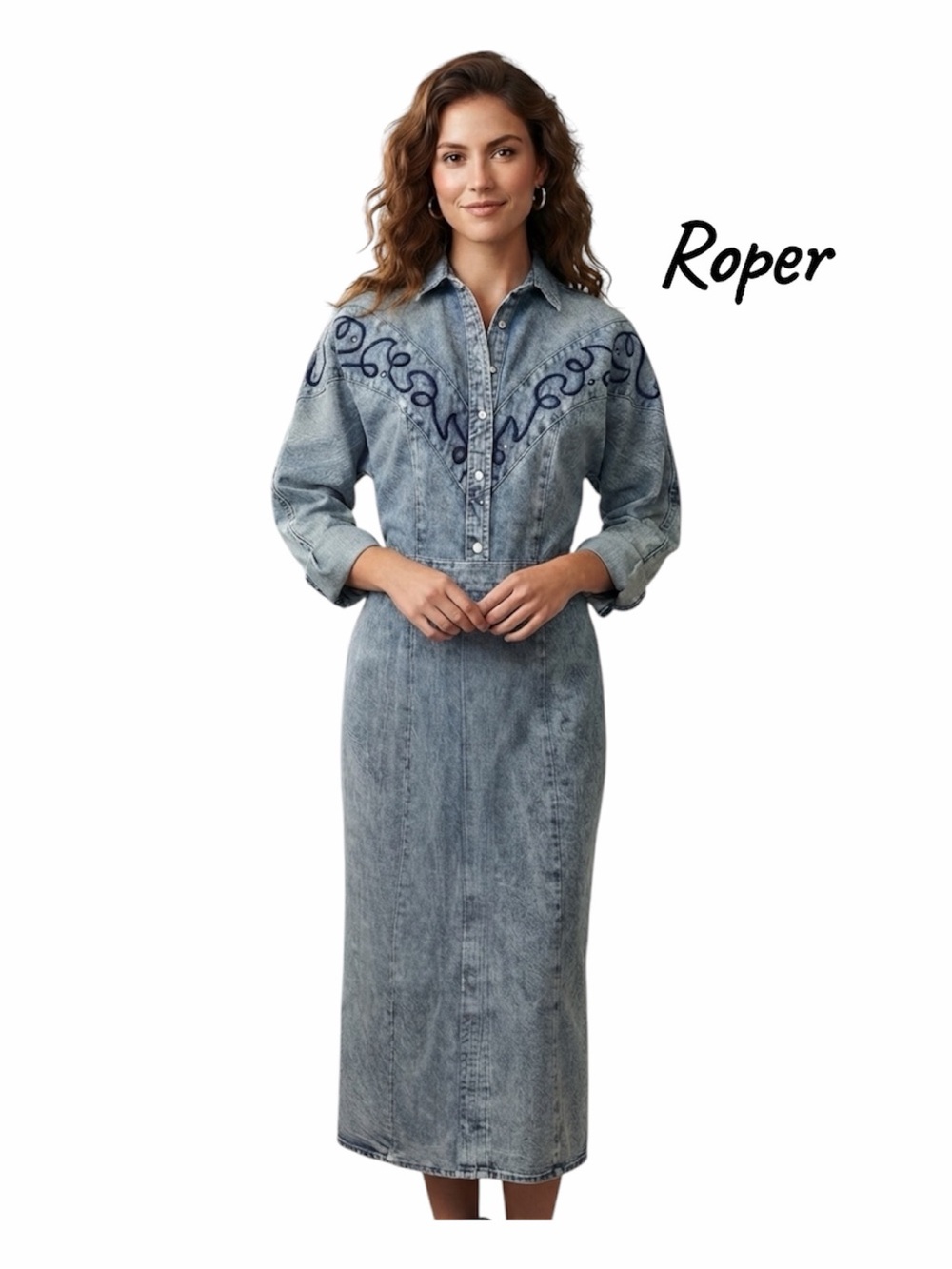 Vintage 90s Roper Western Denim Dress Acid Wash Embroidered Rhinestone S/M 9/10